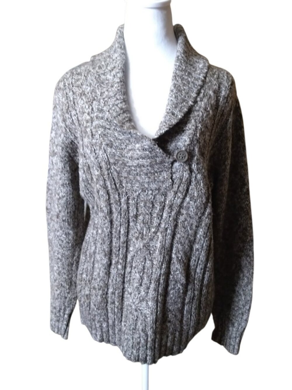 Women's Size Medium Brown Marled Knit Shawl Collar Sweater Cable Knit Sonoma